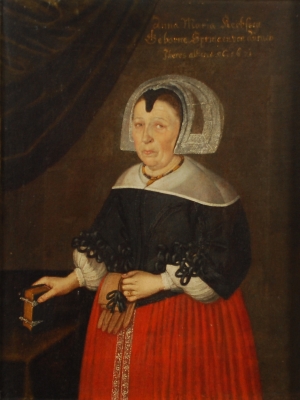 Portrait de dame de qualité tenant un livre et des gants