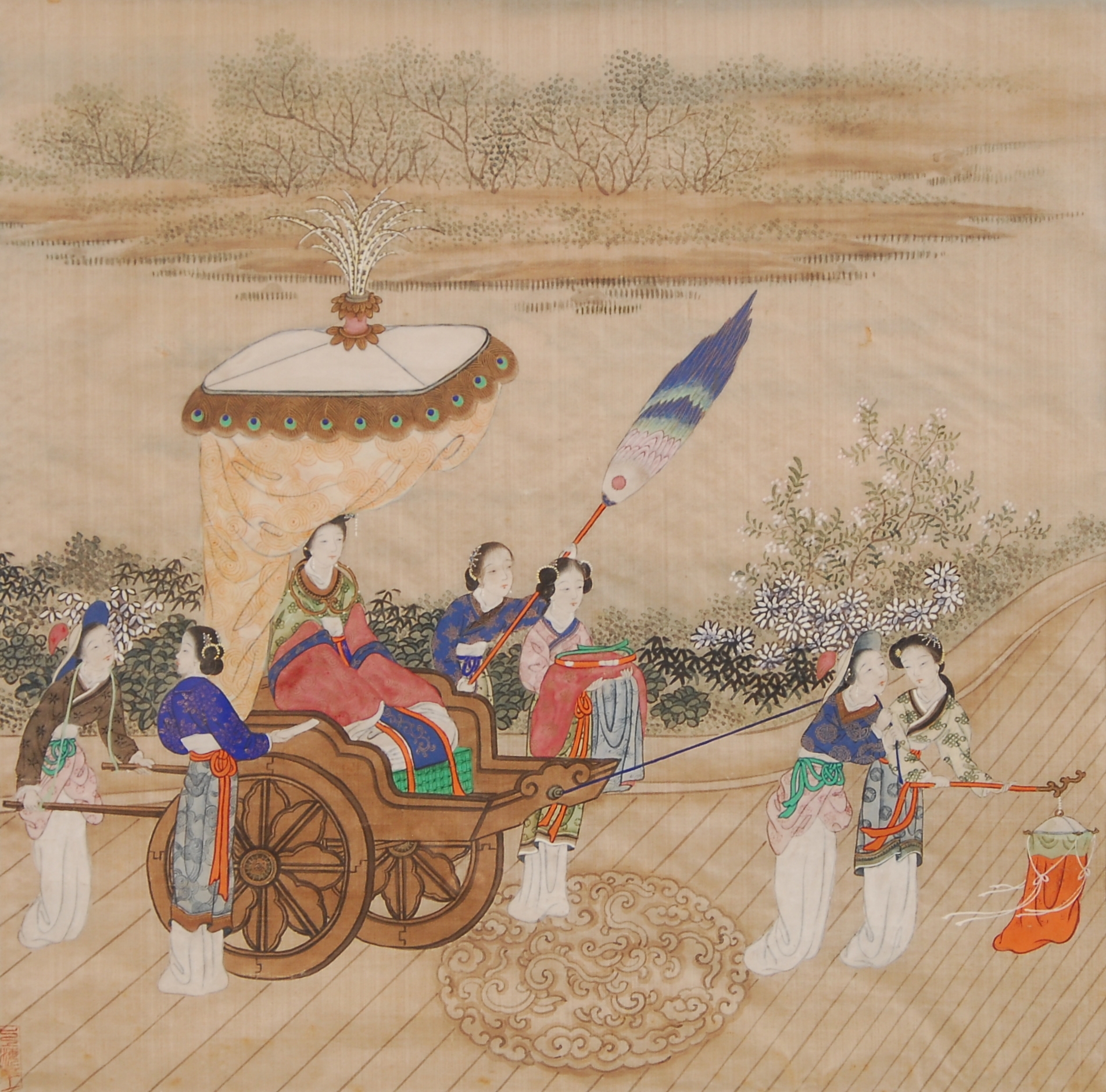 Jeune femme dans un char entourée de dames de compagnie
